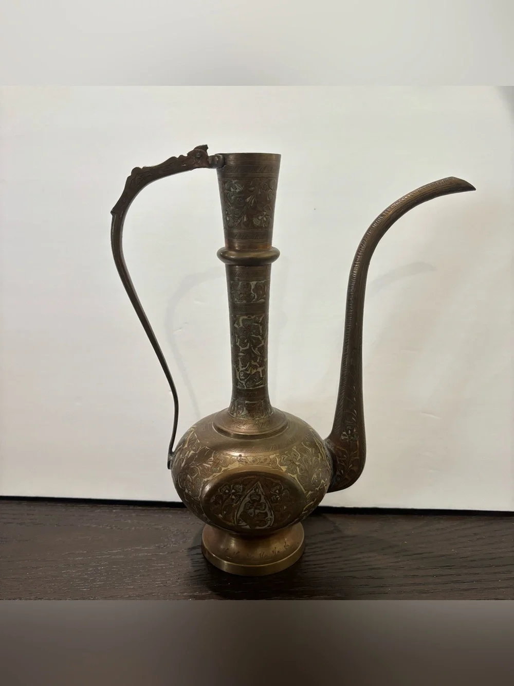 Vintage Indian Solid Brass Ewer Tea/ Water Pot Pitcher Etched Enamel Aftaba